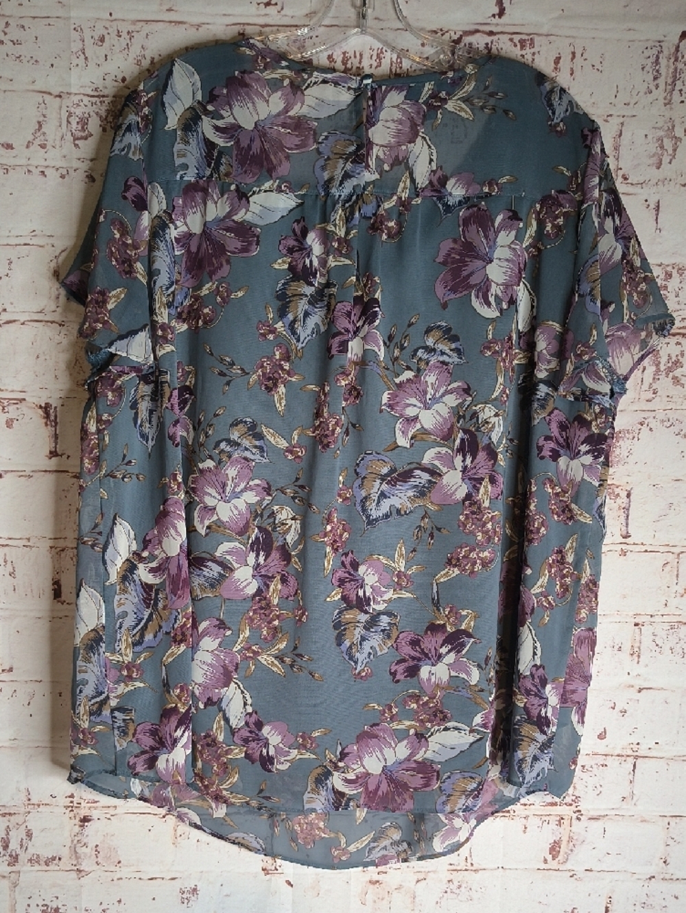 Apt 9 Blue Floral Pattern XXL Short-Sleeve Lined Blouse with Lace Yoke - Picture 5 of 6
